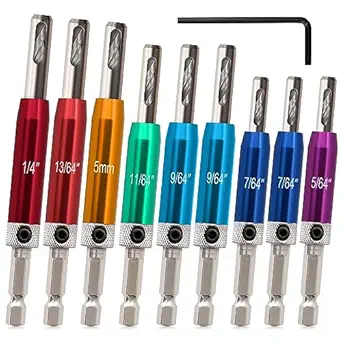 Self Centering Drill Bit Set 1/4" Hex Shank VIX Bit, 5/64" to 1/4" Custom Colorful Hinge Drill Bit Set for Metal Wood Cabinet Door Window Aluminum Copper Stainless Steel
