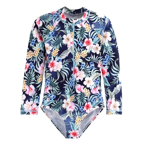 Image of Kids Girls Rash Guard Long Sleeve One Piece Swimsuits Zipper Bathing Suits UPF 50+ Tropical Plant Flowers Ages 3-12