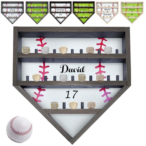 Personalized Baseball Ring Display Case Custom Name Number Softball Championship Ring Storage Stand, Wood Medal Wall Mount Display Holder for Trophy & Medal Gift Display Case for Men Dad