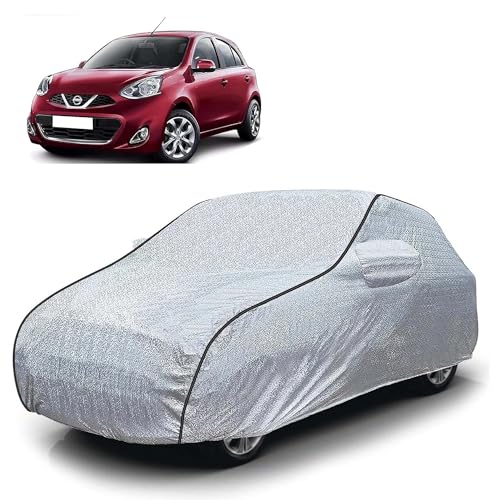 Image of Sulfar 100% Waterproof Car Body Cover Compatible with Mirror for Nissan Micra (Triple Stitched, Full Bottom Elastic, Magic Silver with Black Piping)
