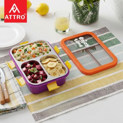 Image of ATTRO JoyBox Steel Lunch Box, 3 Compartment, Stainless Steel Inner Tray, Leakproof Airtight Lid, 4-Side Locks, BPA-Free Food Grade Lunch Box for Kids, School & Office - Purple-750ml