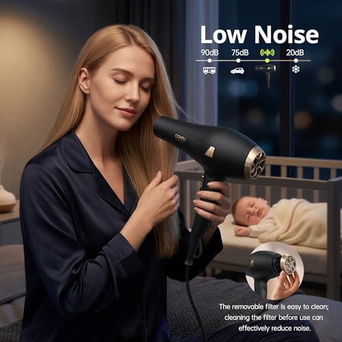 Image of CONFU Hair Dryer Professional Hairdryer - Ionic Blow Dryer 5X Fast Drying | 1875 watt AC motor, 3 heat 2 speed 1 cold button, Blowdryers with comb, diffuser for long thick, curly hair, Low noise, Salon