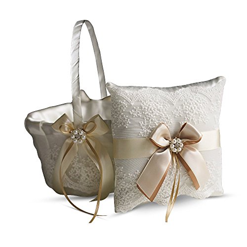 Alex Emotions Ivory Ring Bearer Pillow and Basket Set | Lace Collection | Flower Girl & Welcome Basket for Guest | Handmade Wedding Baskets & Pillows (Champagne)