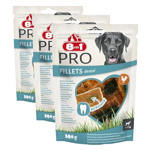 8in1 Pro Fillets Dental- Hunde- Snack mit Hähnchen, funktionale Leckerlis für ausgewachsene Hunde, mit speziellen Mineralstoffen, um Zahnstein zu reduzieren, 200g Beutel (Packung mit 3)