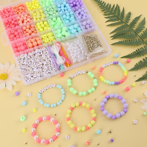 Image of Candy Color Acrylic Beads Kit Pastel Round Beads Assorted Plastic Bead Kit Letter Pearl Colorful Elastic String CCB Cute Loose Spacer Bulk for Bracelets Necklace Jewelry Making DIY Crafts