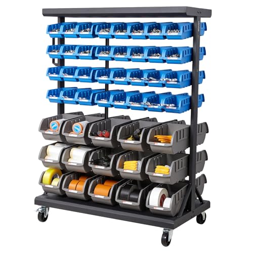 Image of VEVOR 7-Tier Double-Sided Rolling Bin Storage Rack, 94 Plastic Bins, Dual-Sided Parts Organizer with Wheels, Mobile Tool Organizer for Garage, Warehouse, Office, Restaurant, Classroom, Kitchen