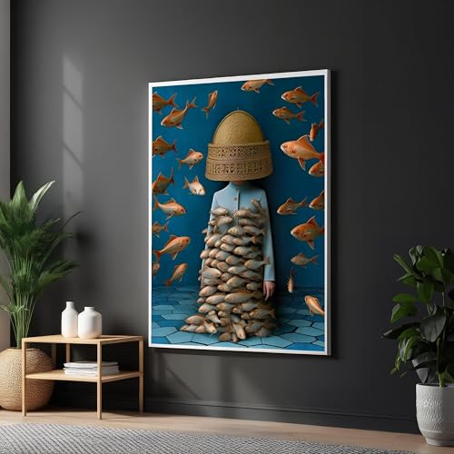 Toile poisson surréaliste déco murale salon moderne et ambiance océan bleu