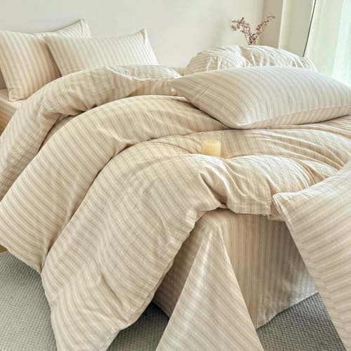 Image of PinkMemory Beige Striped Duvet Cover Set King 100% Washed Cotton Beige Striped Bedding Duvet Cover Set with Stripe Pillowcases-Ultra Soft Breathable Zipper Closure Corner Ties