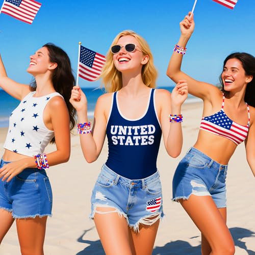 Image of Redtwo 4th of July Red White and Blue Clay Beads Bracelet Making Kit with USA Letter Beads, Patriotic Beads for Jewelry Making for Independence Veterans Day Party Favors, DIY Gifts with America Flag.