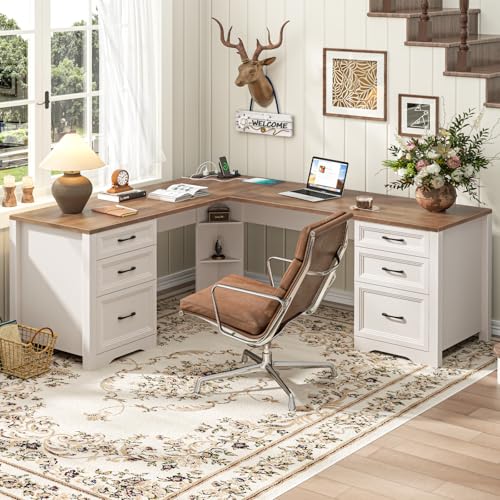 Image of Vabches Wood L Shaped Executive Desk with 6 Drawers, Farmhouse Home Office Desk with Power Outlets and Triangle Under-Desk Storage Shelf & Drawer File Cabinet, Corner Computer Desk, Brown