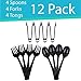 Upper Midland Products - Black Disposable Serving Utensils - Set of 12 (4 Forks, 4 Spoons, 4 Tongs) - Plastic, Minimalist Style
