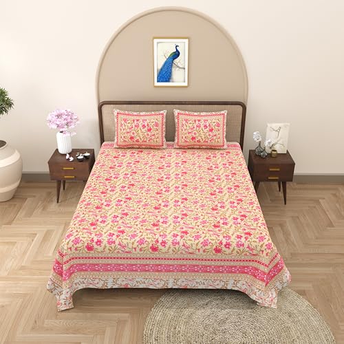 Image of Bedsheet for Double Bed King Size|Jaipuri Rajasthani Cotton Bed Sheet|1 King Size Bedsheet with Pillow Cover|240 TC Jaipuri Prints Flat Double Bed Bedsheet Cotton King Size,Multicolor