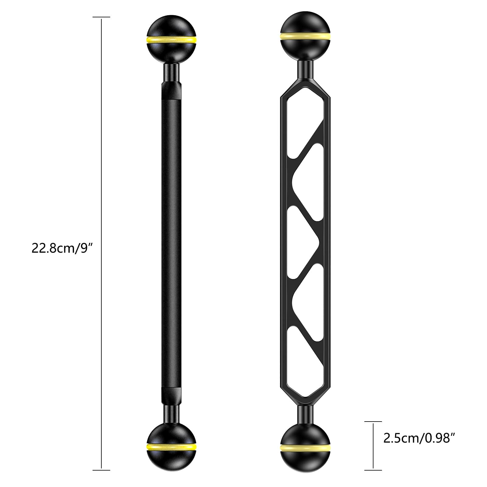 Seafrogs Lot de 2 bras d'extension à double boule en alliage d'aluminium 20,3 cm, connecteur à rotule 2,5 cm, bras sous-marin pour stroboscope/lumière vidéo