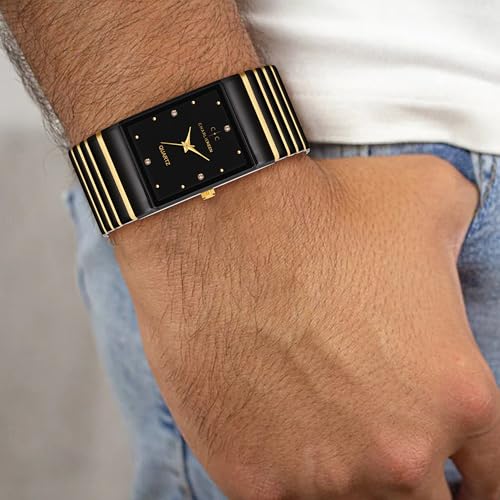 Image of CHARLIEKEEN Rectangular Wristwatch, Black Dial with Rose Gold Roman Numerals, Silicone Strap, Elegant Style