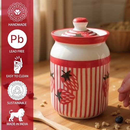 Image of Strawberry Printed Ceramic Handglazed Pickle Jars Set of 2-1000 ML Each | 1 kg Achaar Martban Barni Jar with Lid | Ceramic Storage Jar Container Pickle, Chatney