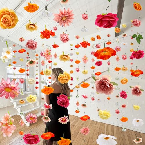 Image of Suncalla 12 Pcs 70.8 ft Wildflower Garland Pre Strung Artificial Hanging Flower Vine Backdrop Decor from Ceiling Floating Silk Floral Garland for Garden Wedding Bridal Shower(Rose,Multicolor)