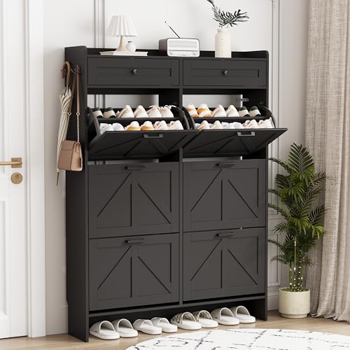 Image of Shoe Cabinet with 6 Flip Drawers & 2 Top Drawers, 57 inch Tall Freestanding Narrow Wooden Shoe Storage Organizer for Entryway, Hidden Slim Shoe Rack for Front Door Entrance, Hallway, Living Room, Black