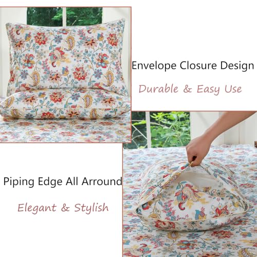 Image of FADFAY Full Ivory 100% Egyptian Cotton Paisley Sheets Set 4 Piece, Vintage Botanical Cottagecore Bedding, Soft Breathable Boho Floral Farmhouse Bedding with Deep Pocket Fitted Sheet for All Seasons