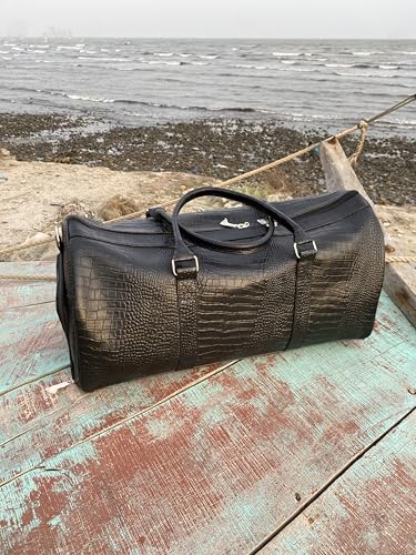 Leather Duffel Bag for Men – Luxury Leather Weekender, Carry-On Travel Bag, Overnight Gym Bag, Crocodile Embossed Pattern shoe cosmatics extra pocket bag (BLACK)2