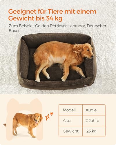 Feandrea Hundebett, Hundekissen in Leinenoptik, Hundekorb, erhöhte Ränder, rutschfeste Unterseite, Bezug abnehmbar waschbar, XL, für große Hunde, 110 x 75 x 27 cm, braun PGW12CC