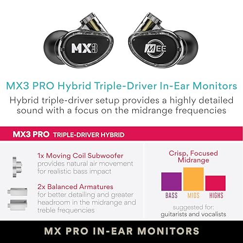 Image of MEE audio MX3 PRO Musicians' in-Ear Monitors Wired + Wireless Combo Pack: Includes MX3 PRO Triple-Driver Hybrid IEMs, 2 Cables, and Hi-Res Bluetooth Audio Adapter w /aptX, LDAC, & Headset (Black)