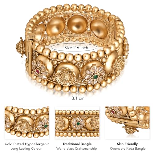 Aheli Gold Plated Synthetic Stone Studded Dome Style Thick Single Piece Openable Kada Bangle Traditional Jewellery Gift for Women Size - 2.6 Inch4