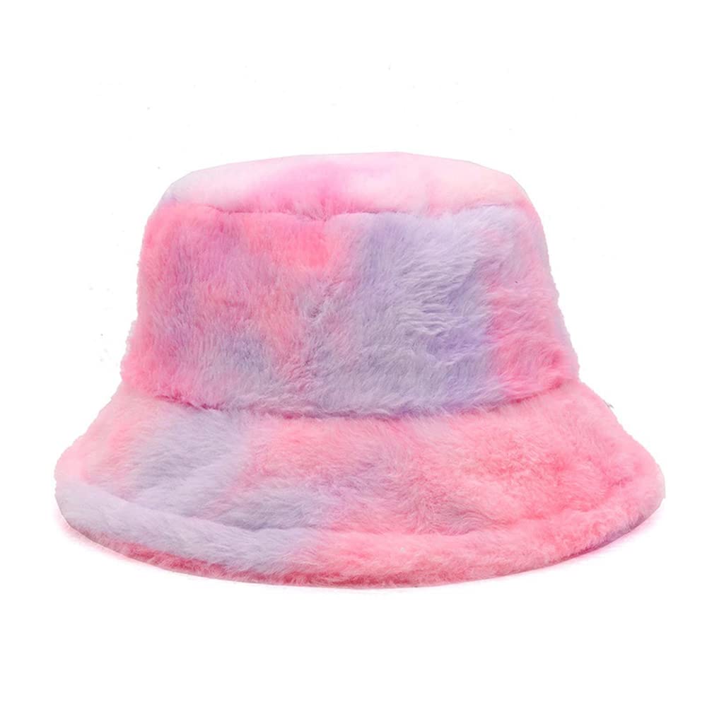 KGM New Space die Soft Fleecy Faux Fur Bucket hat - Festival Summer Winter Hats (Rainbow Pink)