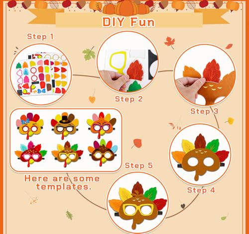 16PCS Thanksgiving Crafts in Bulk: Felt Turkey Masks DIY Arts Kit, Fall Party Favors Classroom Activities Supplies - Image 6