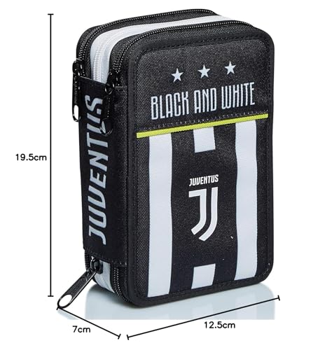 Seven Juventus Federmäppchen, Federtasche für Schreibwaren, Etui komplett mit Bleistiften, Filzstiften, Schulmaterial, mit 3 Fächern, Mädchen, Schule - Grundschule, XXL Fußball schwarz weiß