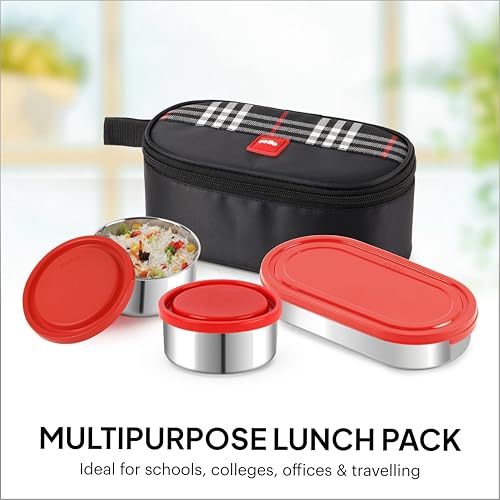 Image of CELLO MF Trent Plus Lunch Box with Bag for Office, Red | 300ml x 2 Steel Containers, 500ml Oval Plastic Containers, Leak Proof Airtight Snap Lock Lid Tiffin Box Set for School Kids, College & Travel