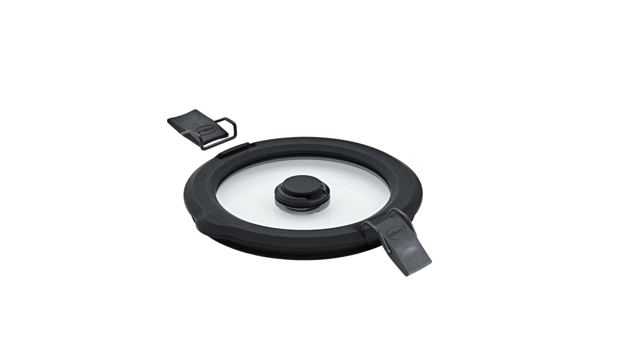 RÖSLE FLEXX 2GO Vacuum Lid 0.4 L Round with Clips, Safety Glass with Silicone Edge and Vacuum Valve, Aroma-tight, Transparent/Black
