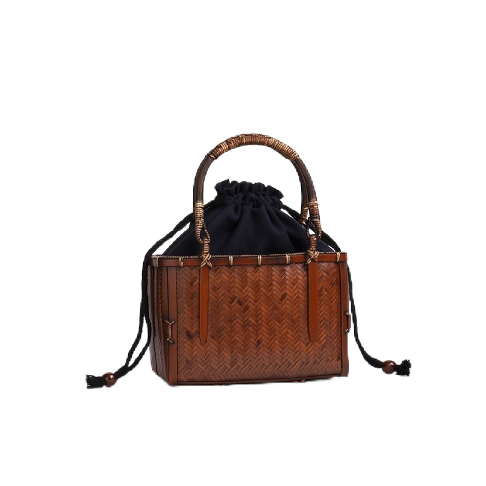 predolo Cesta Bambú con Asa Cesta Tejida a Mano con Forro Extraíble Retro Contenedor Apilable Tapa para Mujeres, Picnic, Playa, size to 2