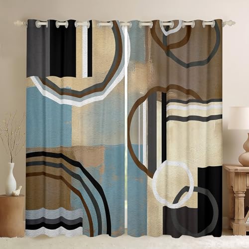 Brown And Blue Blackout Curtains,Oil Painting Geometry Curtains for Kids Bedroom Decor,Watercolor Pastel Artwork Window Curtains & Drapes,Geometric Circles Swirls Window Treatments 52