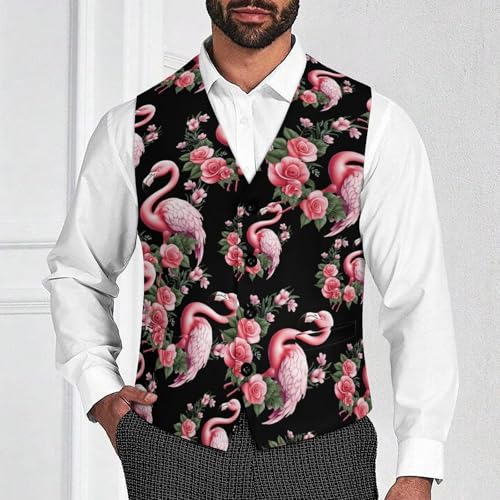 Cute Flamingo with Flowers Men's Suit Vest Business Formal Waistcoat Vest with 2 Pockets for Wedding Party2