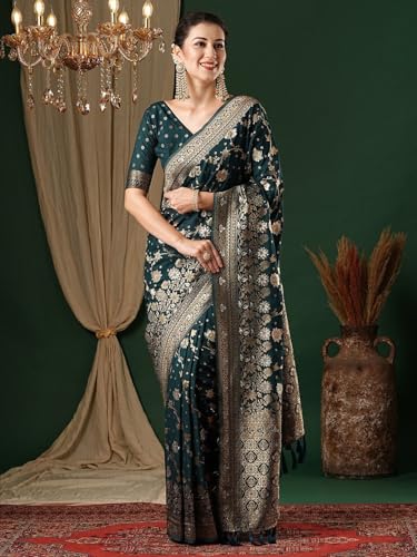 Image of Women's Georgette Kanjeevaram Saree with Woven Ethnic Motif Design, Unstitched Blouse Piece