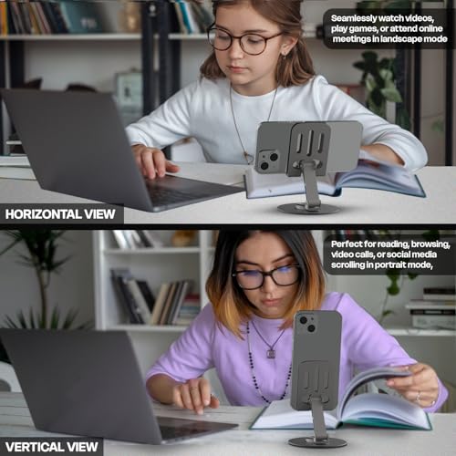 Image of Amkette Ergo 360 Alloy Mobile Stand for Desk, Foldable Design with Stable Rotational Metallic Round Base, Multiple Height & Angle adjustments for Smartphones, Tablets & iPad (Grey)