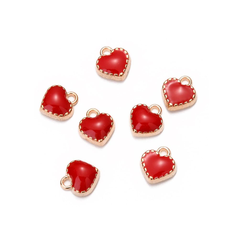 Airssory 100 Pcs Sweet Red Heart Mini Charm Enamel LightGold Hanging Charms for Valentine's Necklace Bracelet Jewellery Making DIY Crafting - 8x7.5mm — image 1