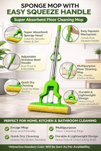 Image of Sponge Mop with Easy Squeeze Handle, Super Absorbent Floor Cleaning Mop, Adjustable Steel Rod, Multipurpose Kitchen Bathroom Cleaning, Magic Floor Wiper (Random Color Will Be Sent as Per Availability)