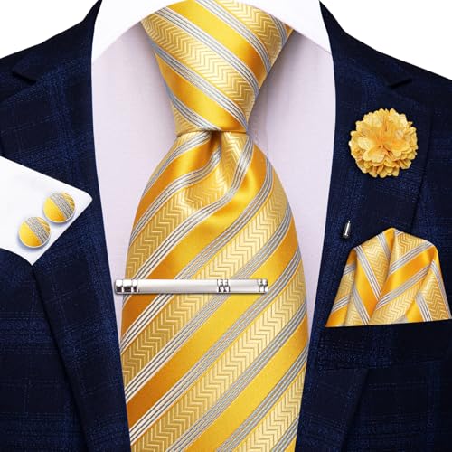 Image of Hi-Tie Yellow Striped Tie Mens Sets Silk Woven Necktie and Pocket Square Lapel Pin Silver Tie Clip Cufflinks Set Wedding Business 6PCS