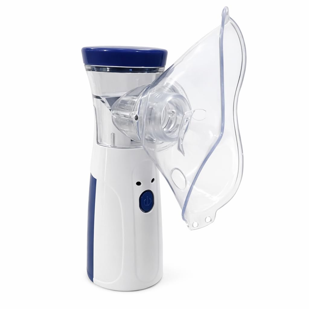 Sahyog Wellness Handheld Portable Silent Mesh Nebulizer with Adult and Child Mask, USB Charging Cable for House & Travel Purpose (White & Blue)
