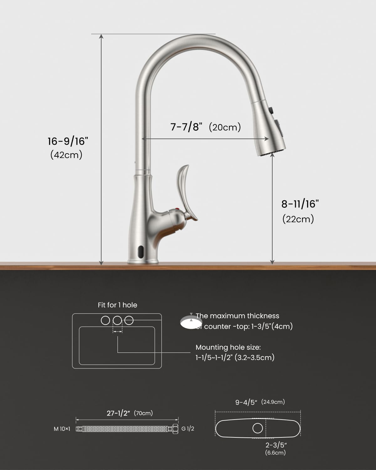 APPASO Robinet de cuisine sans contact avec pulvérisateur extractible, détecteur de mouvement, robinets d'évier de cuisine mains libres, nickel brossé, compatible avec 1 ou 3 trous, pulvérisateur à 3