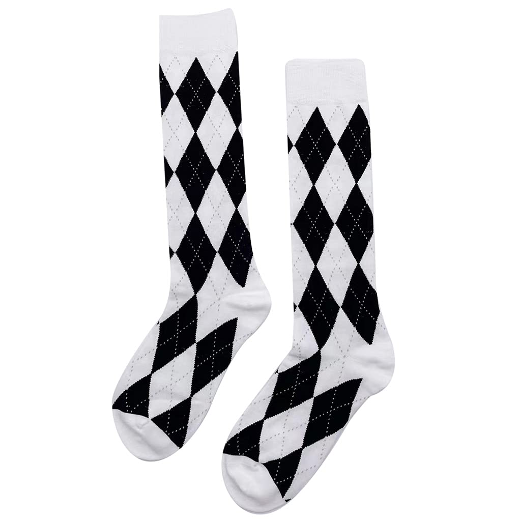 Kangql Women's White Mid-Calf Socks, Black Knee High Socks Argyle Diamond Plaid Lolita Student Stockings,