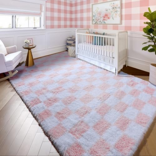 Image of KICMOR 5x7 Area Rugs for Living Room, Fluffy Soft Light Pink and White Checkered Rug Fuzzy Shag Shaggy Carpet for Bedroom, Cute Furry Plush Rug for Teen Kids Girls Dorm Nursery Playroom Home Decor