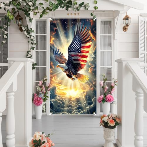Image of 4th of July Door Banner Cover - Decorative Decorations with Patriotic USA Bald Eagle - Independence Day Holiday Outdoor Party Supplies Accessories Decors - 72.8 x 35.4 Inch