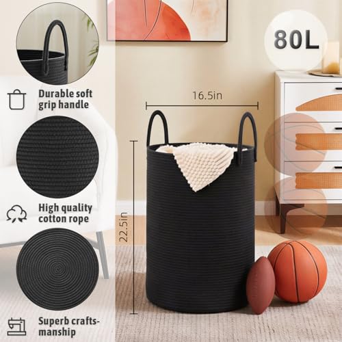 Image of Artfeel Laundry Basket,Woven Cotton Rope Laundry Hamper,80L for Decorative Storage of Dirty Clothes,Toys and Blankets in Bathroom,Baby Room and Living Room
