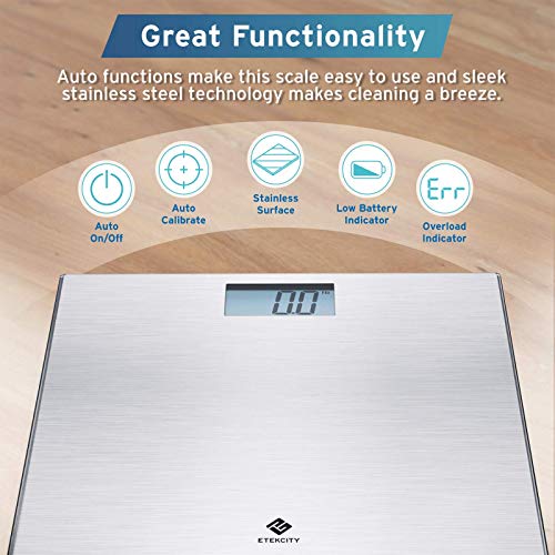 Image of Etekcity Stainless Steel Digital Body Weight Bathroom Scale Step-On Technology Large Blue LCD Backlight Display, 400 Pounds, Grey, 12x12 Inch (Pack of 5)