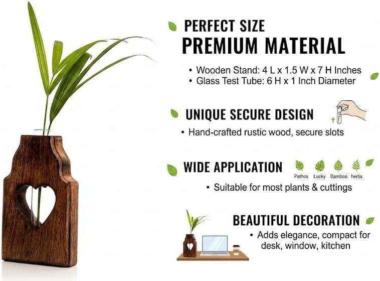 Wooden Plant Propagation Station Stand with Single Glass Test Tube Indoor Desktop Terrarium for Hydroponics Water Plant Cutting Flower Vase Planter Home Office Garden Decor Plant Lover Gifts, Brown image 5