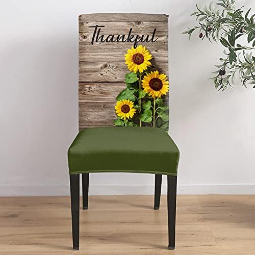 Sunflower Chair Covers Set of 6, Stretch Washable Dining Chair Slipcovers, Super Fit Removable Kitchen Chair Protector for Home Party Wedding Meeting, Farm Flowers Wooden Board with Word Thankful