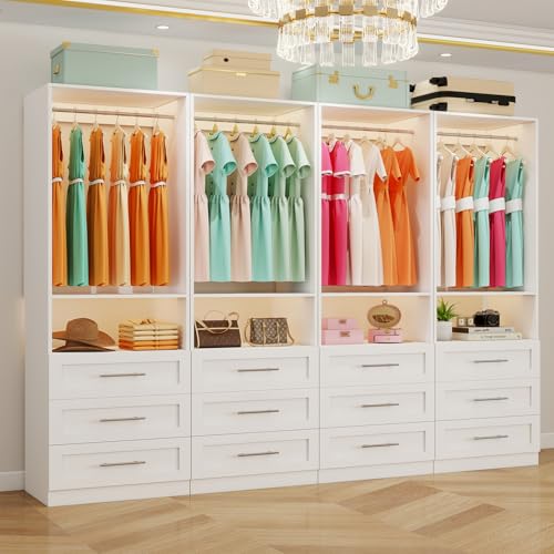 Closet System with 12 Drawers, 8-21FT Closet Systems for Walk in Closets with 8 Expandable Rods & 4 Shelves, Custom Wood Modular Closet Organizer Drawer System Shelving Kit, 4 Sets, White