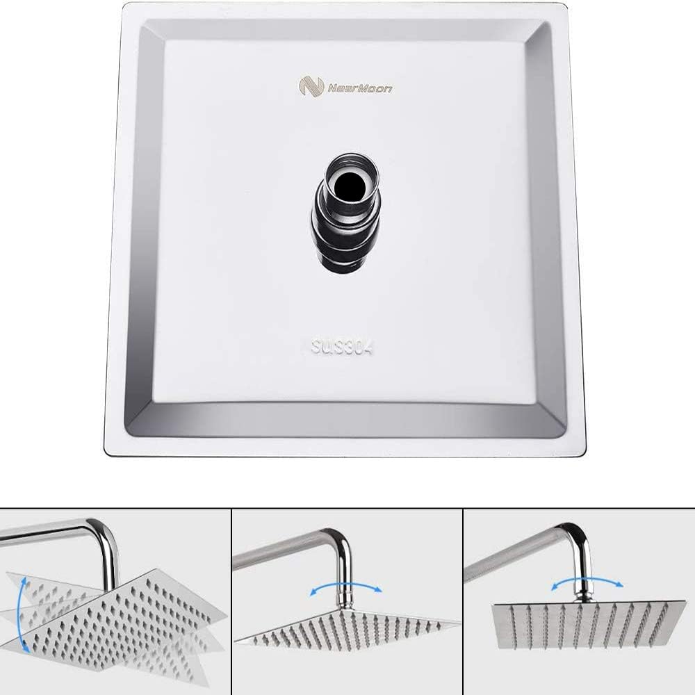 Cabezal de ducha de lluvia de 16 pulgadas con brazo de extensión de 20 pulgadas, cabezales de ducha cuadrados NearMoon grandes, cabezal de ducha de lluvia de acero inoxidable, cobertura completa de